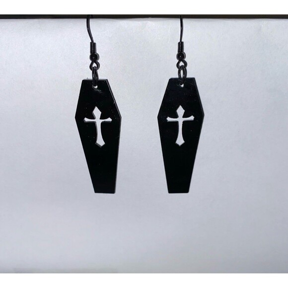 Earrings Goth Coffin  Halloween Medieval Wickan Witch Ghost Zombie Cemetery - Picture 1 of 4